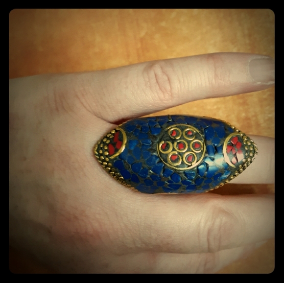New Tribal Lapis Lazuli & Coral Silver Brass Statement Ring. - Picture 2 of 8